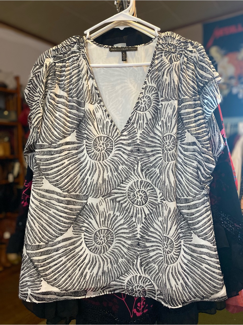 White House Black Market Black and White Nautilus V-Neck Blouse